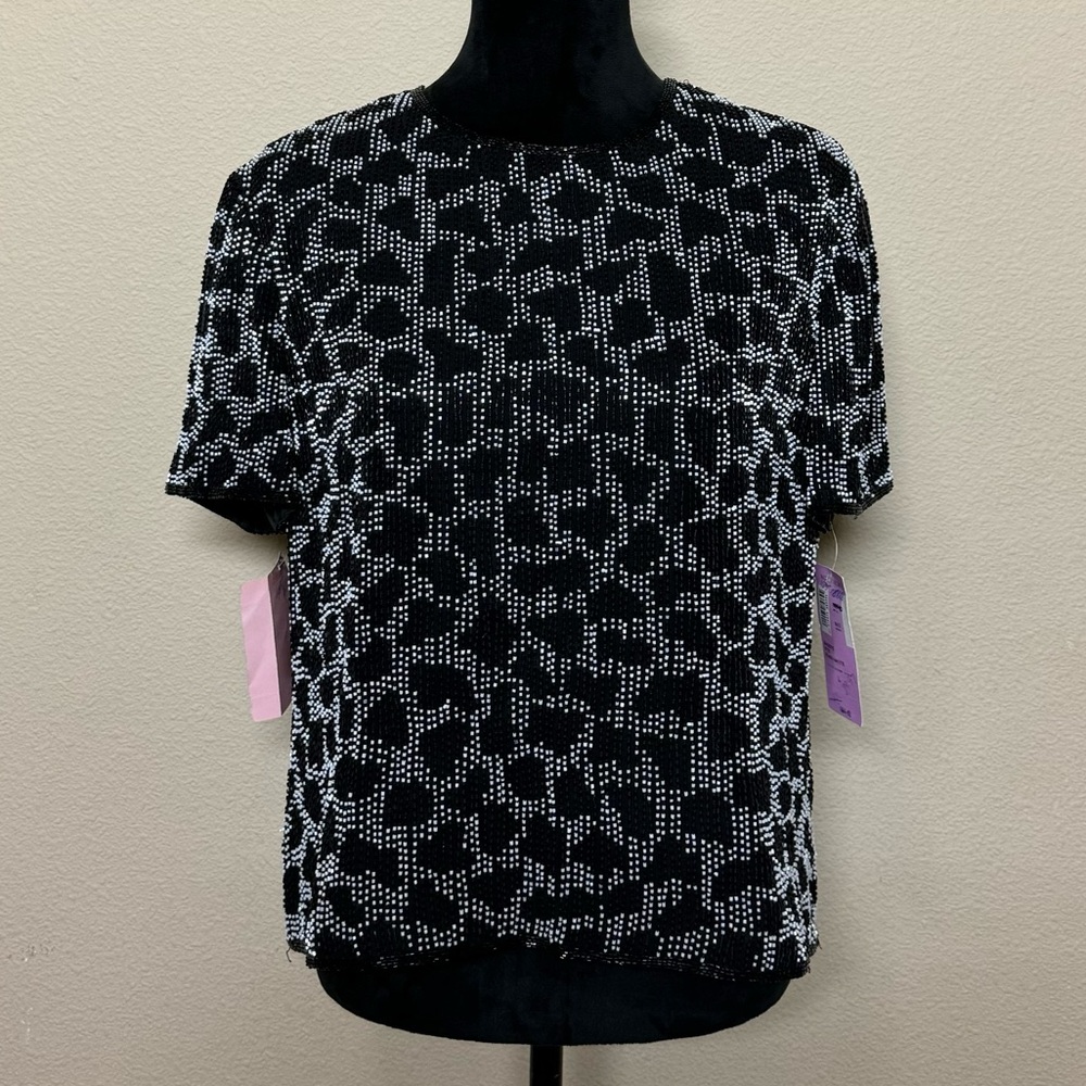 Niteline shirt women large 100% silk short sleeve beaded crewneck vintage blouse
